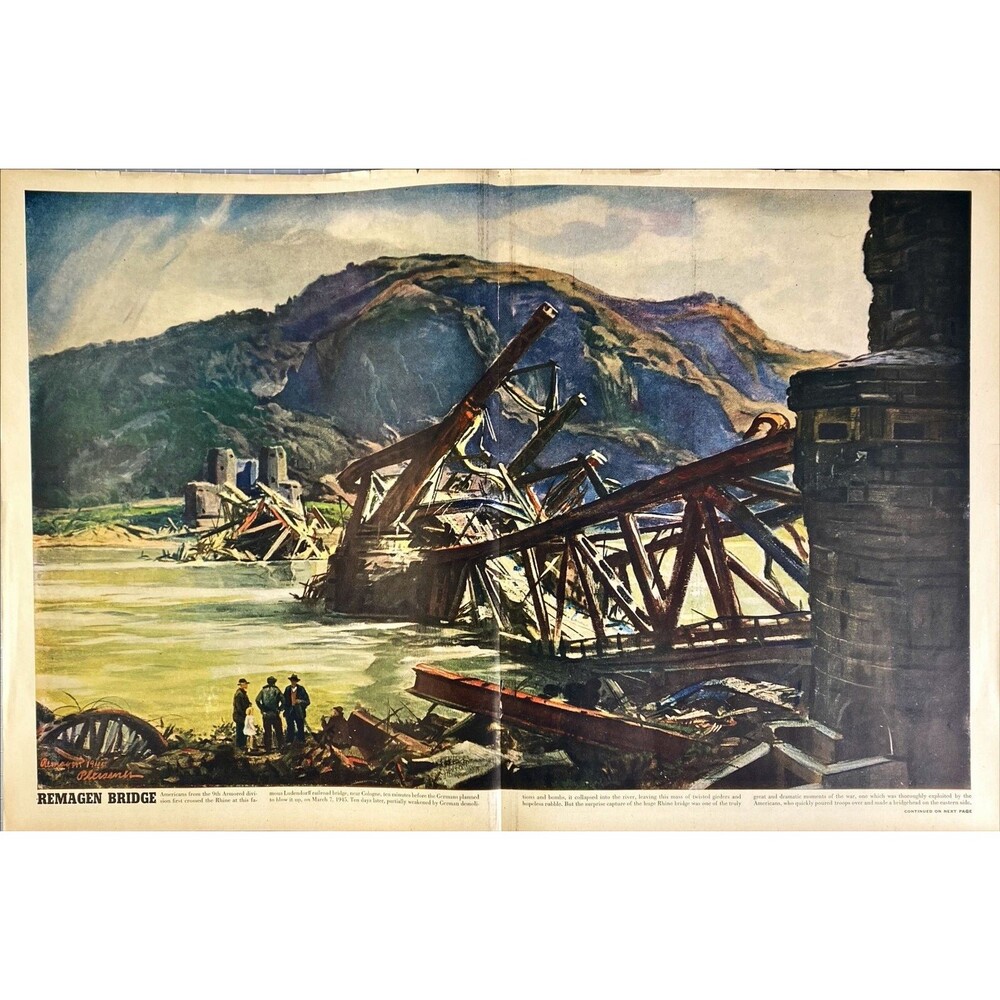 Life Magazine 1946 Print Art "REMAGEN BRIDGE" WWII 2-Page  Print of Painting